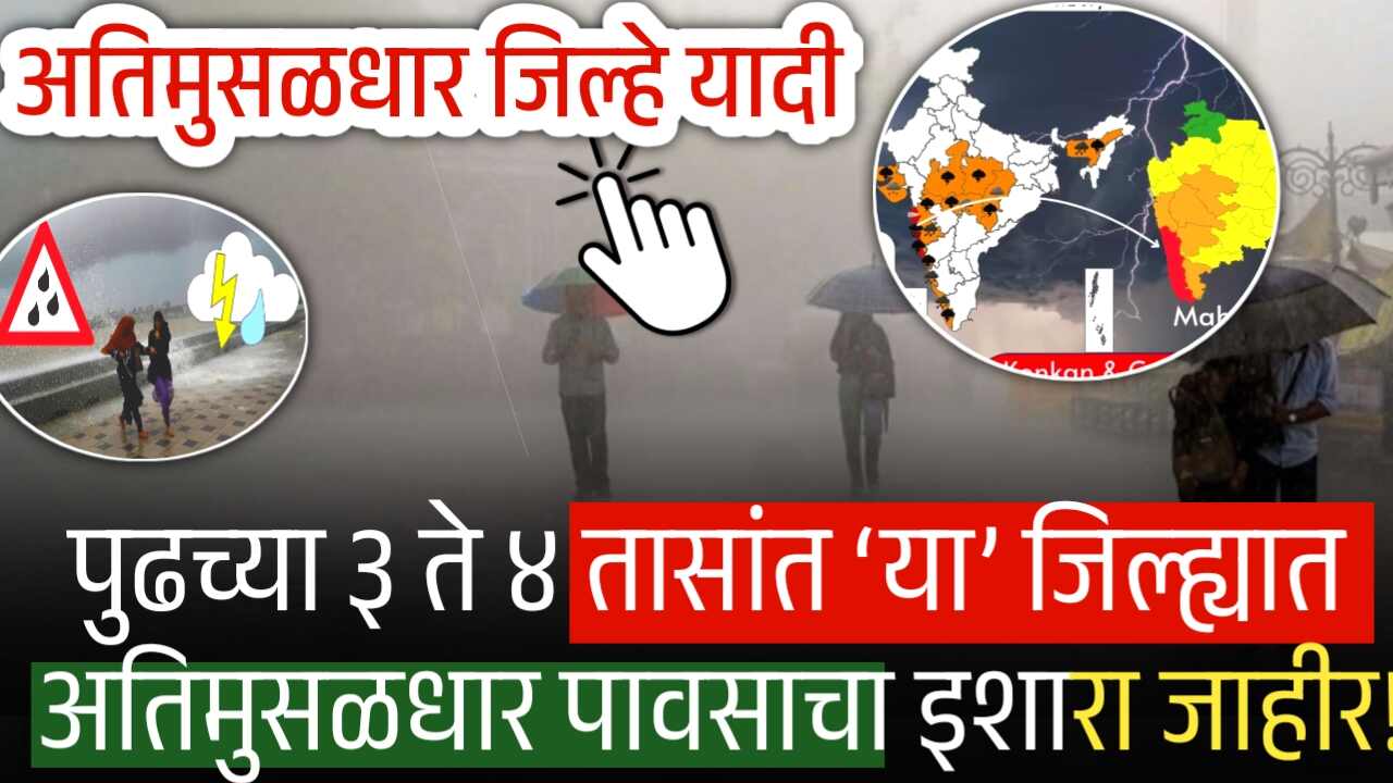 पुढच्या ३ ते ४ तासांत ‘या’ जिल्ह्यात अतिमुसळधार पावसाचा इशारा; अति मुसळधार जिल्ह्यांची यादी पहा Heavy Rain Alert